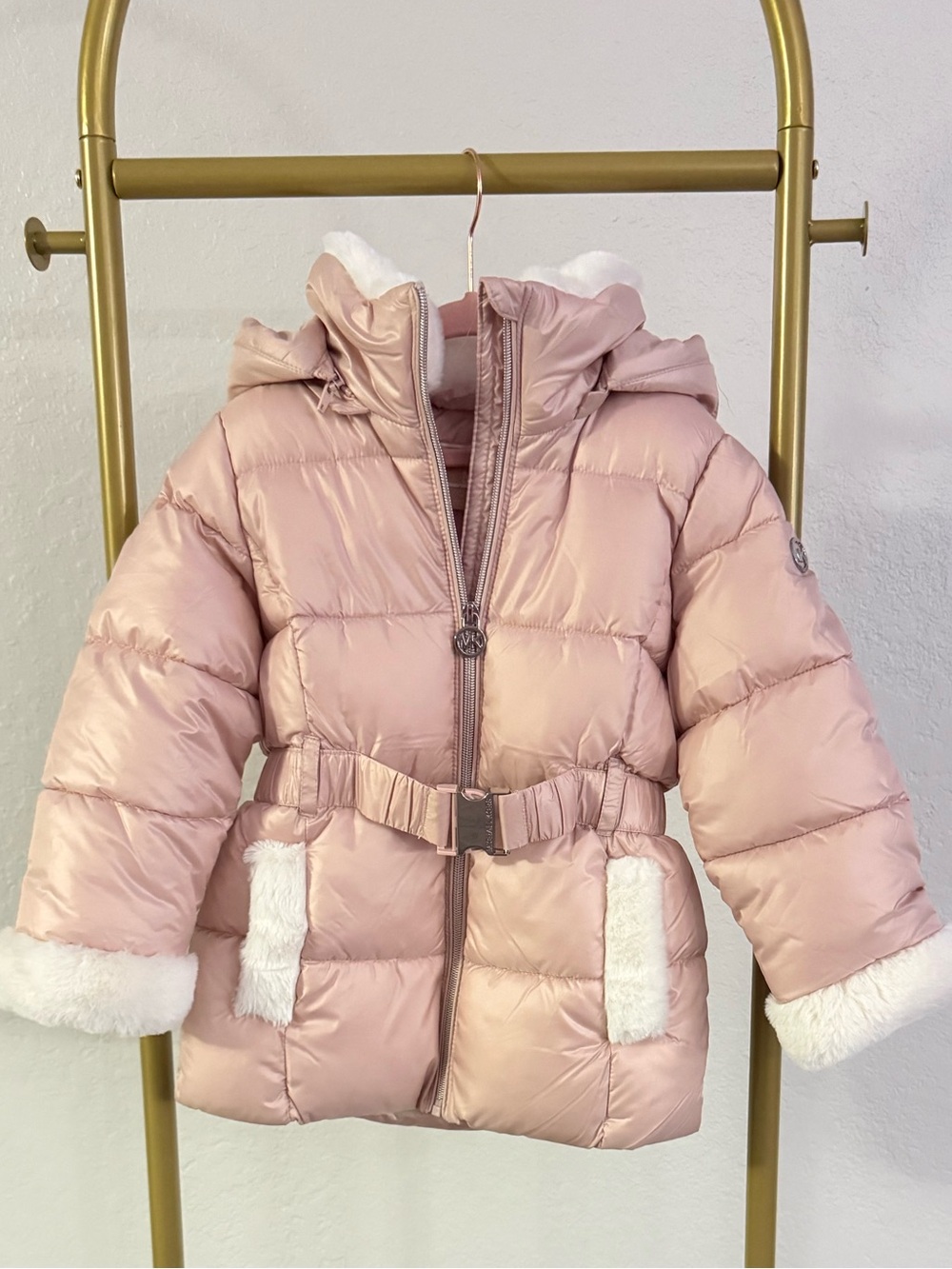 Michael Kors Girls Pink Puffer Jacket Coat Size 4 Belted Faux Fur Hood